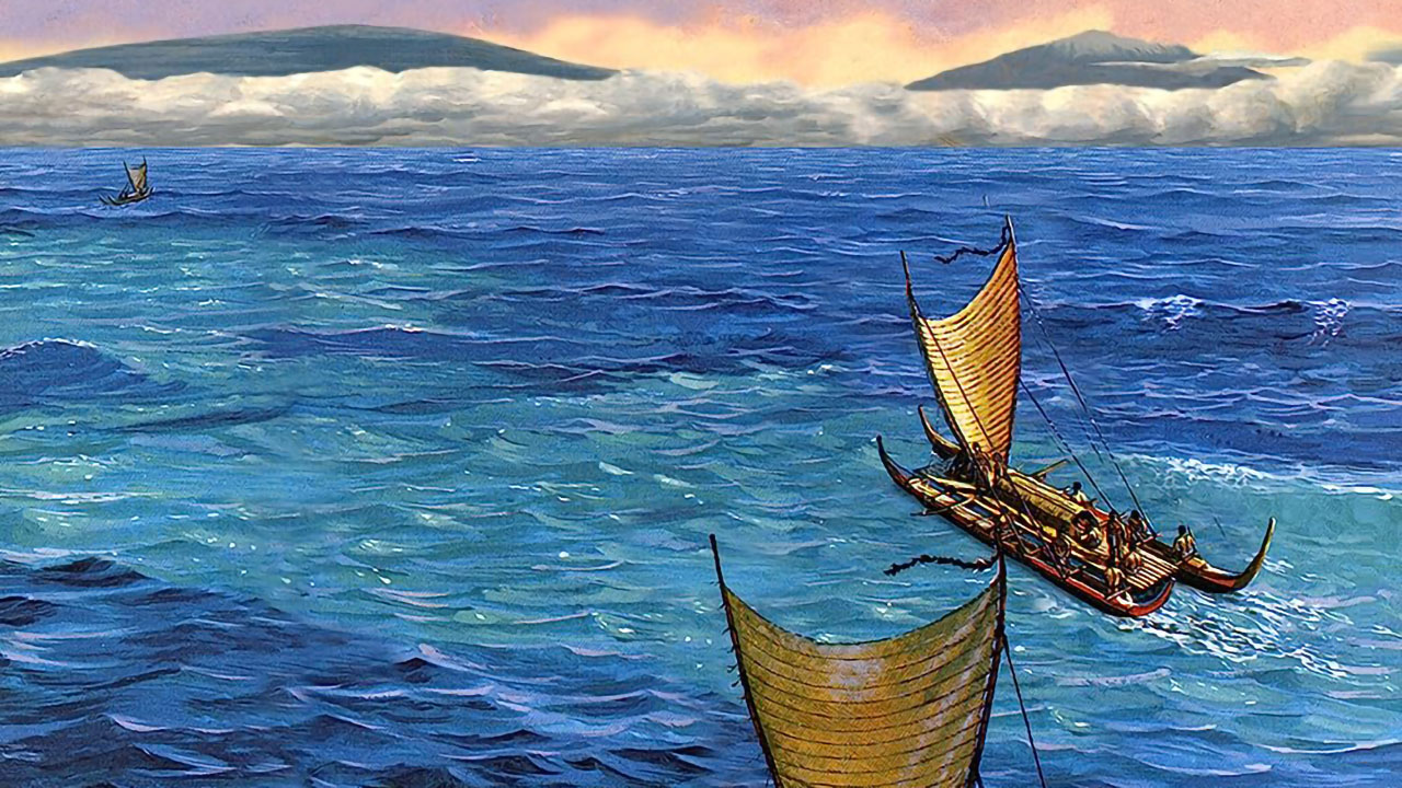 Ancient Hawaiians voyage towards land.